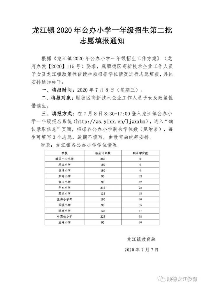 龙江镇2020年公办小学一年级招生第二批志愿填报开始啦→