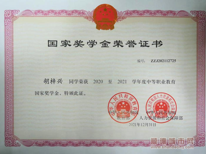 胡梓兴获国家奖学金荣誉证书。.jpg