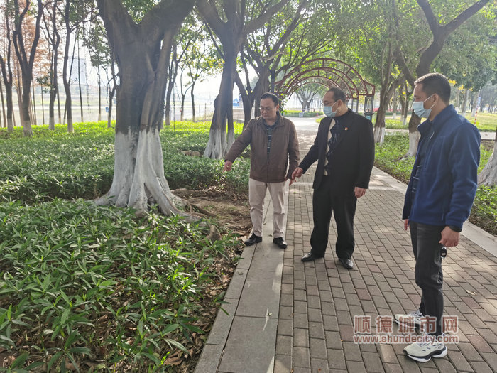对君兰河岸公园内的临水安全警示、路灯、宣传栏、绿化、保洁等内容开展检查。.jpg
