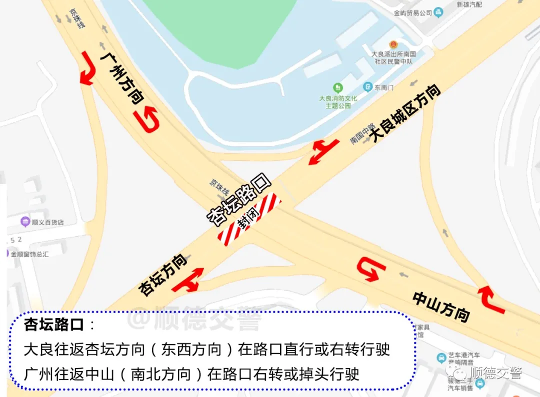 3月2日起 , 杏坛路口封闭施工 , 车辆只能这样走！